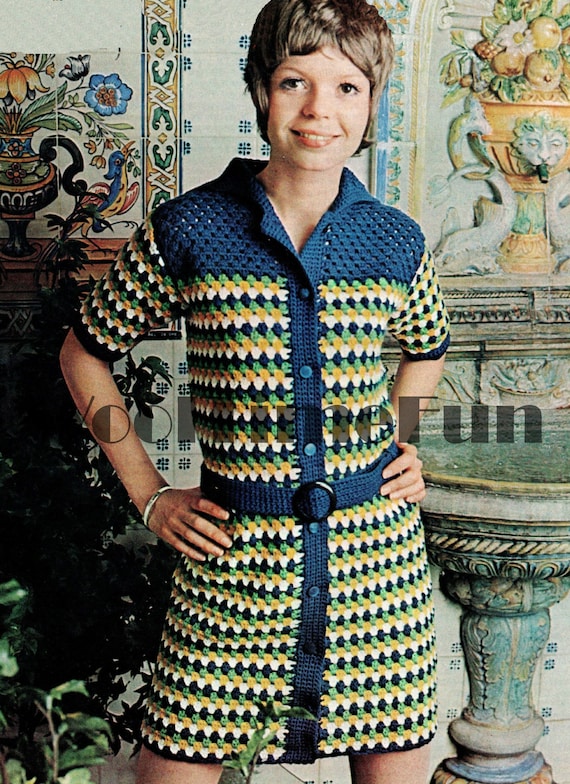 Crochet Pattern Vintage Retro 60s 70s Striped Coat Dress. DK Yarn