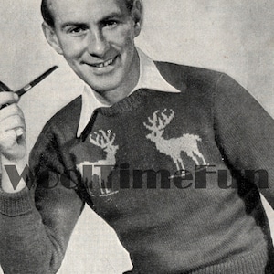 Knitting Pattern Vintage 1940s Men&#39;s Reindeer/Stag Motif Jumper. Ski/Xmas.