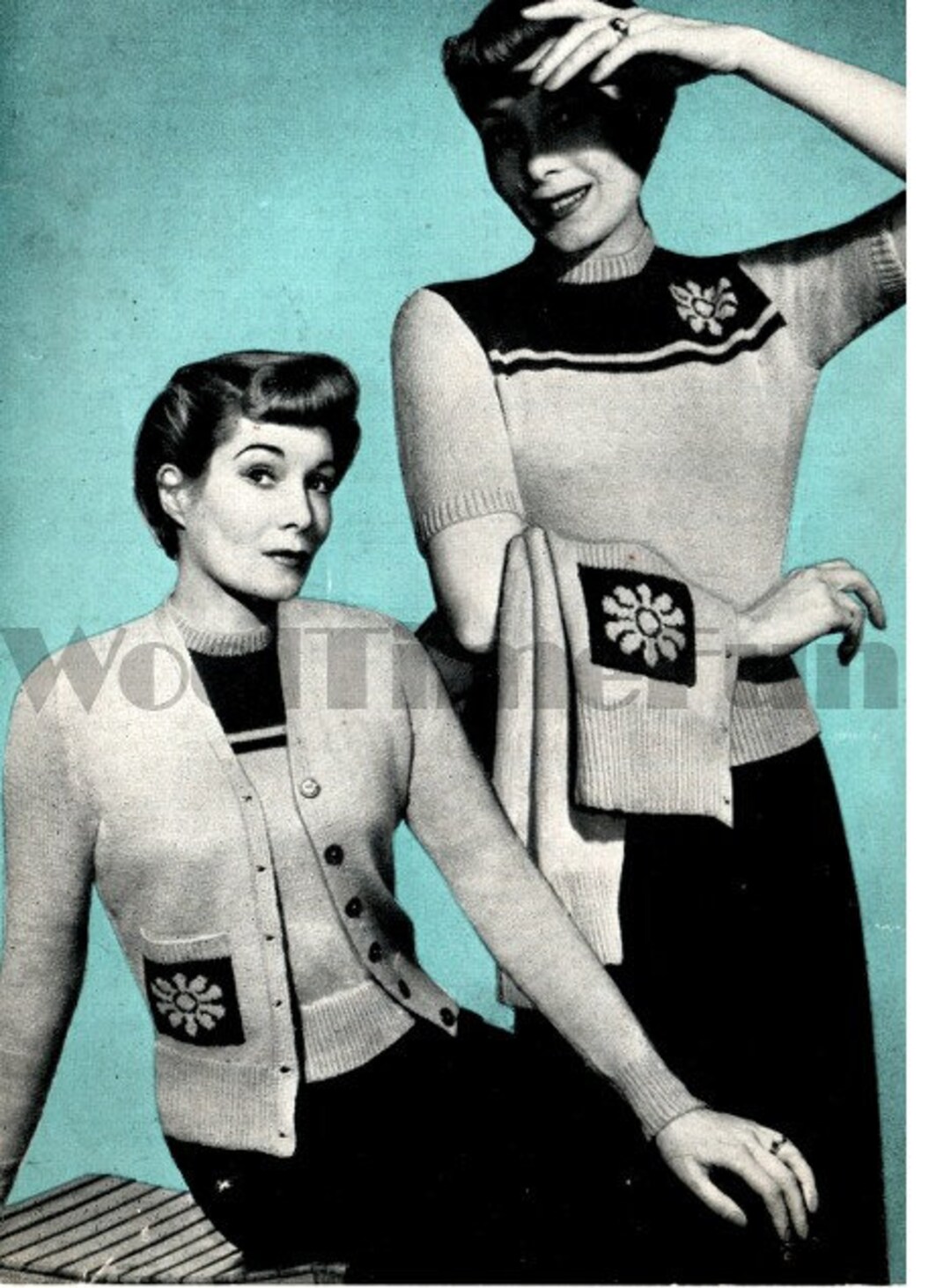 Knitting Pattern Women's 1940stwo Colour Flower Design Twin Set