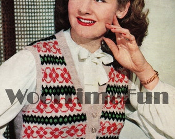 Knitting Pattern Vintage Womens 1940s Fair Isle Waistcoat Sweater Vest