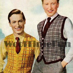 May include: Two men wearing knitted vests with a plaid pattern. The vest on the left is yellow with red and black stripes. The vest on the right is gray with black and white stripes. Both vests have buttons.