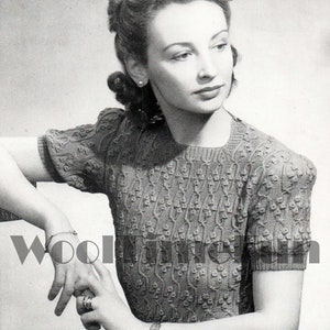 PDF Knitting Pattern Ladies Vintage 1940s Patterned Jumper. Long Or Short Sleeves. Square Neck.