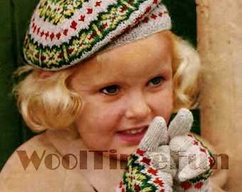 Stickmönster flickor barn vintage 1940-tals Fair Isle baskermössa och vantar.