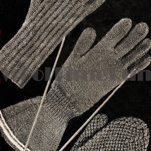 May include: Three pairs of gray knitted gloves on two knitting needles. The gloves are made with a simple stitch pattern. The image text reads "LADIES GLOVES ON 2 PINS".
