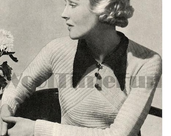 Knitting Pattern Womens Vintage 1930s Rib Design Sweater With Collar.