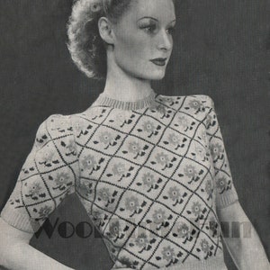 Knitting Pattern Vintage Lady&#39;s 1940s Fair isle Jumper Flower Design
