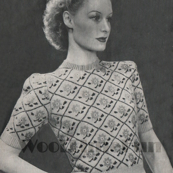 Knitting Pattern Vintage Lady's 1940s Fair isle Jumper Flower Design