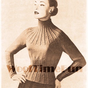 May include: A vintage knitting pattern for a brown turtleneck sweater with a ribbed design. The pattern is from Wooltime Fun.