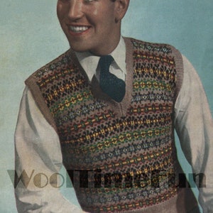 Vintage Knitting Pattern Mens Fair Isle Sweater Vest Tank Top Pullover Slipover 38-42&quot; Chest.