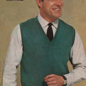 Vintage Knitting Pattern Mens Sleeveless Pullover Slip Over Sweater Vest 36-46 Inch Chest.
