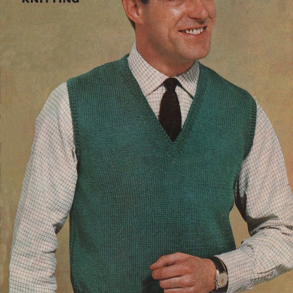 Vintage Knitting Pattern Mens Sleeveless Pullover/Slip Over. 36-46 Inch Chest.