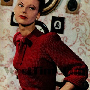 Knitting Pattern Vintage 1940s/WW2  Lady's Jumper/Sweater. Tie Neck Detail.