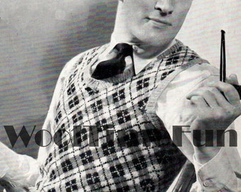 Knitting Pattern Vintage 1940s Men's Slipover/Sleeveless Pullover. Plaid/Checks