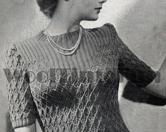 Instrucciones para tejer un suéter vintage de canalé y encaje para mujer, años 40
