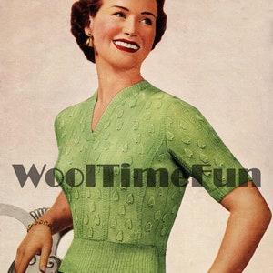 Knitting Pattern To Make Vintage 1930s 1940s WW2 Womens Leaf Patterned Sweater.