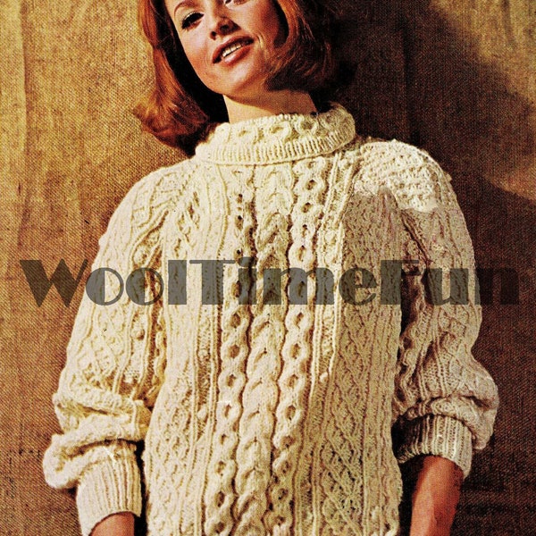 Knitting Pattern Ladies Classic Cable/Aran Style Sweater. Polo Or Crew Neck