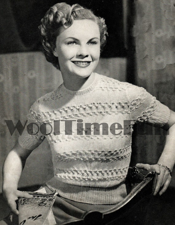 Knitting Pattern Vintage 1940s Lace Pattern Striped Short Sleeve 