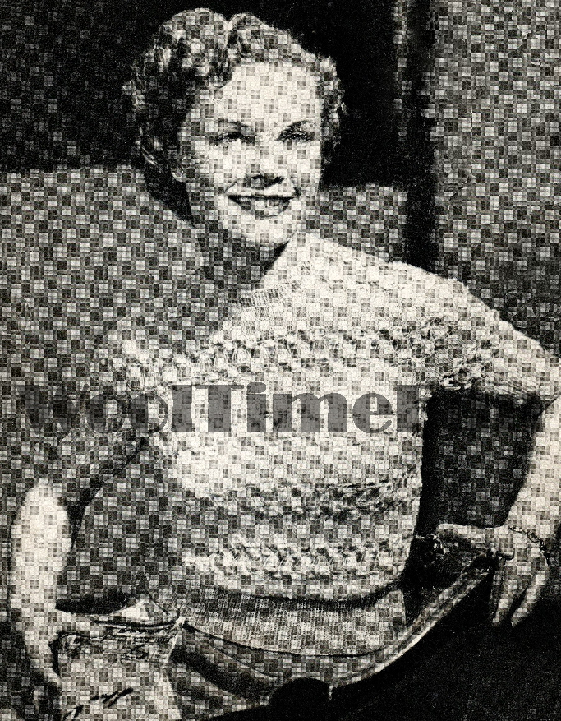 Knitting Pattern Vintage 1940s Lace Pattern Striped Short Sleeve