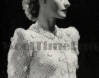 Crochet Pattern Womens Vintage 1940s Lace Design Blouse Top With Knitted Ribbing