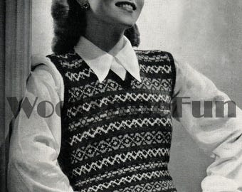 Patrón de tejido para chaleco sin mangas Fair Isle vintage de los años 40 para mujer