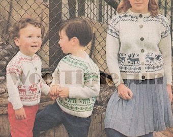 Knitting Pattern Childrens Fair Isle Xmas Reindeer Skiing Jumper & Cardigan