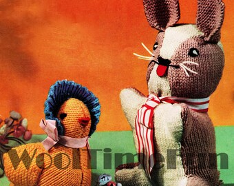 Patrón de punto Vintage Soft Toy Bunny Rabbit & Baby Chick. Utilice Oddments DK.