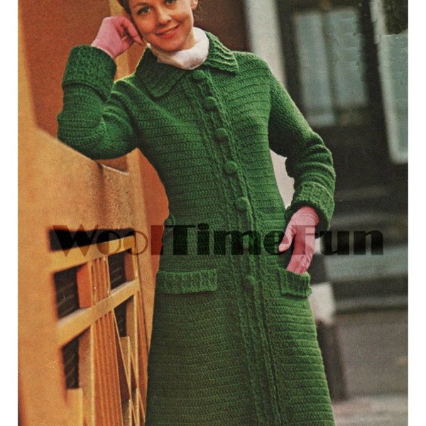 Crochet Pattern Lady's Vintage Coat/Cardigan/Long Jacket. DK Wool
