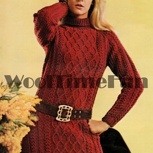 Knitting Pattern Ladies Vintage Cable Aran Style Dress Tunic. Raglan Sleeves.