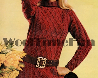 Knitting Pattern Ladies Vintage Cable Aran Style Dress Tunic. Raglan Sleeves.