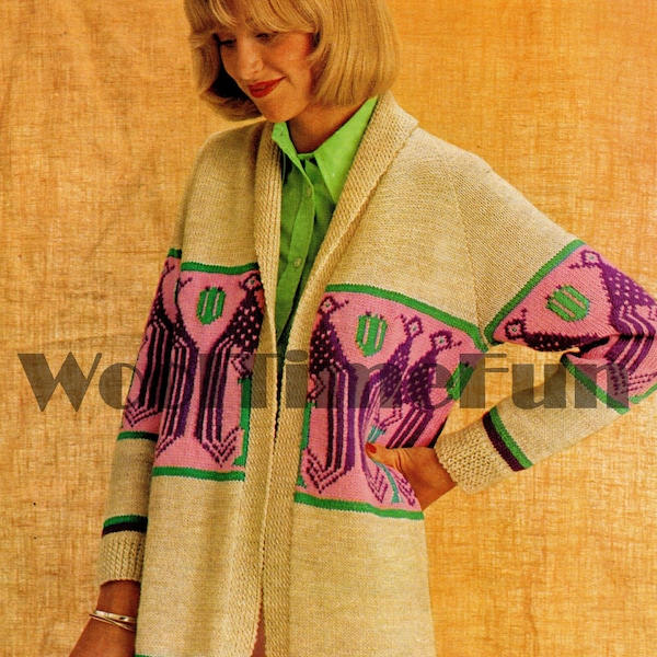 Knitting Pattern Womans Retro 70s Belted Cardigan Jacket Lantern Fair Isle
