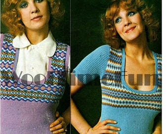 Knitting Pattern Vintage 1970s Fair Isle Slipover Vest Top & Short Sleeve Top