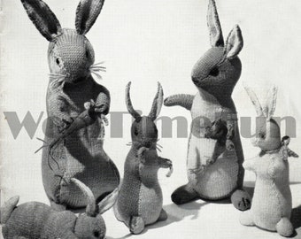 Knitting Pattern Vintage Soft Toys Bunny Rabbit Family Carrot Cabbage