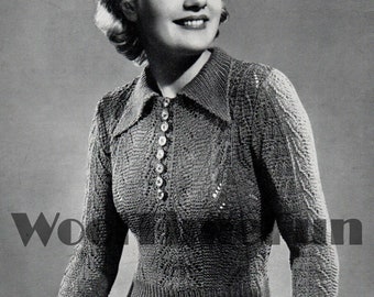 Patrón de punto Vintage 1940s/WW2 Jumper con cuello. Mangas largas o cortas