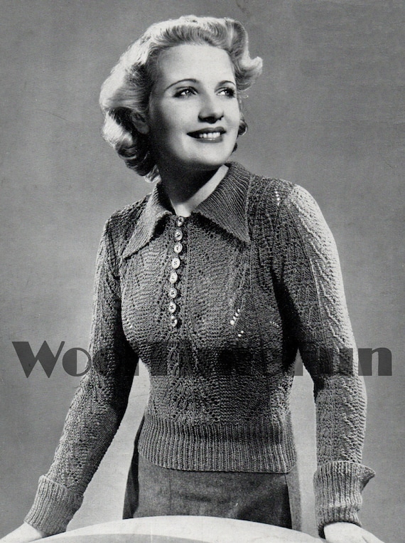 Knitting Pattern Vintage 1940s WW2 Jumper With Collar. Long Or Short Sleeves