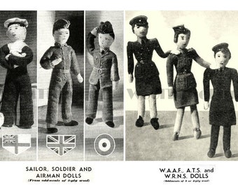 Vintage Knitting Patterns 1940s WW2 Service, Army, Navy, Air Force, WAAF, WRNs, ATS Toys/Dolls.