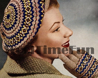 Knitting Pattern Vintage 1940s/WW2 Ladies Fair Isle Beret/Hat & Gloves