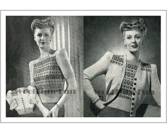 Patrón de tejido en PDF para cárdigan y jersey Fair Isle de señora, años 40, conjunto doble