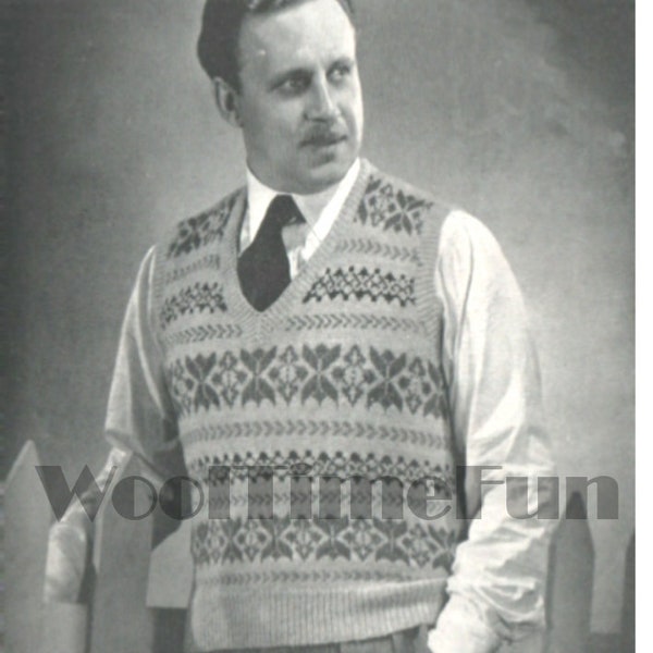 Vintage Knitting Pattern Men's Fair Isle Tank Top/Pullover. 39-42 Inch Chest.