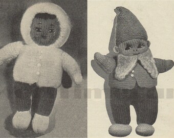 2 x Knitting Patterns Vintage 1940s Eskimo & Gnome Soft Toy Dolls