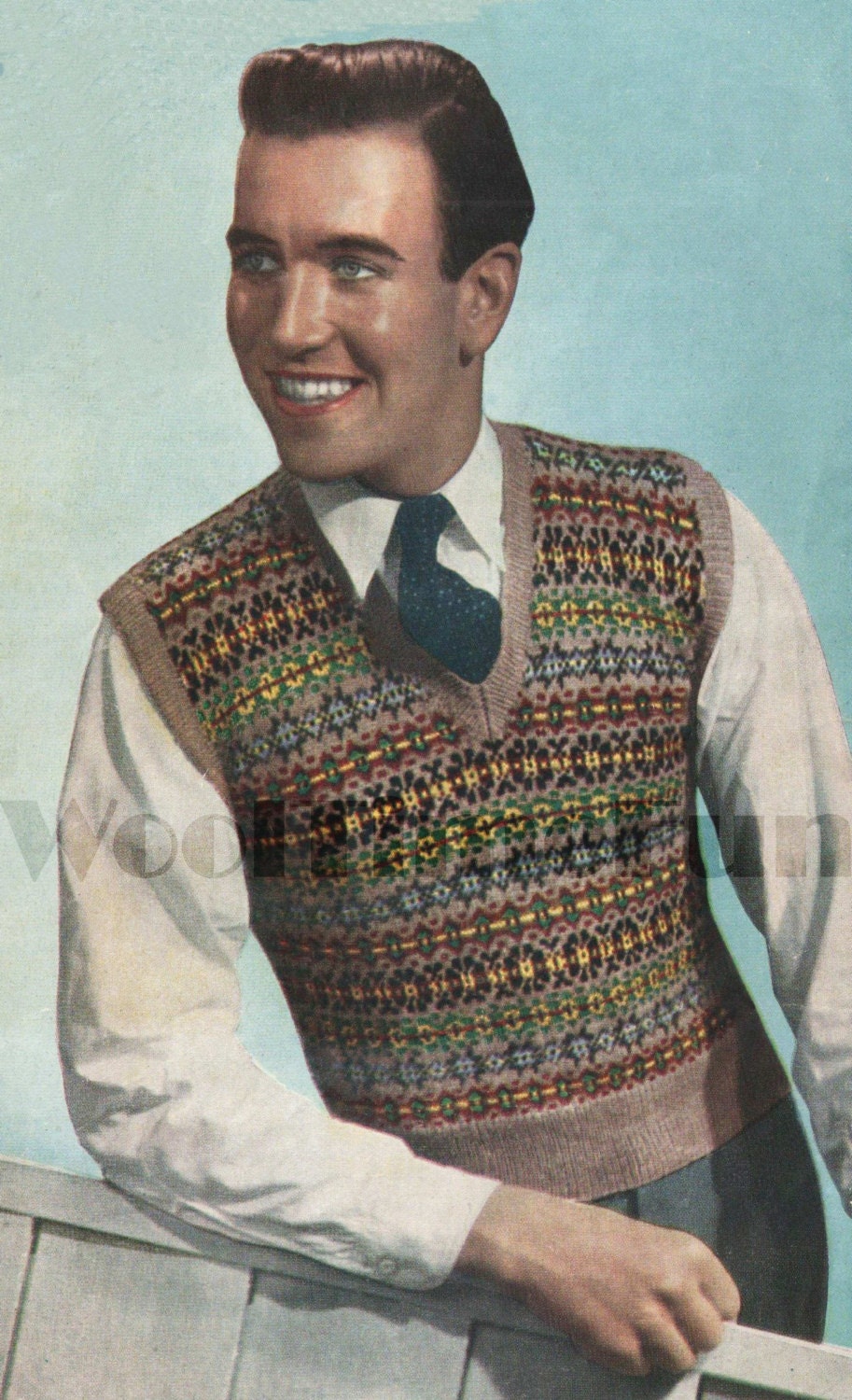 Vintage Knitting Pattern Men's Fair Isle Slipover, Sweater Vintage Knitting Pattern Men's Fair Isle Slipover, Sweater