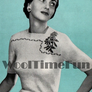 Knitting Pattern Vintage 1940s Lady&#39;s Jumper/Flower Motif/Long Or Short Sleeves.