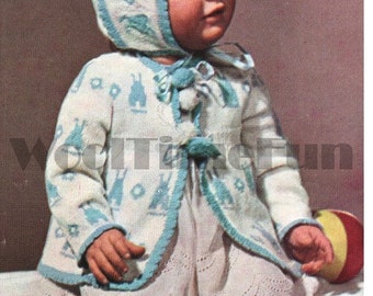 Knitting Pattern Baby Matinee Jacket Coat & Bonnet. Bunny Rabbit Motif