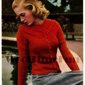 Knitting Pattern Womens Vintage 1940s Round Yoke Cardigan Jacket.