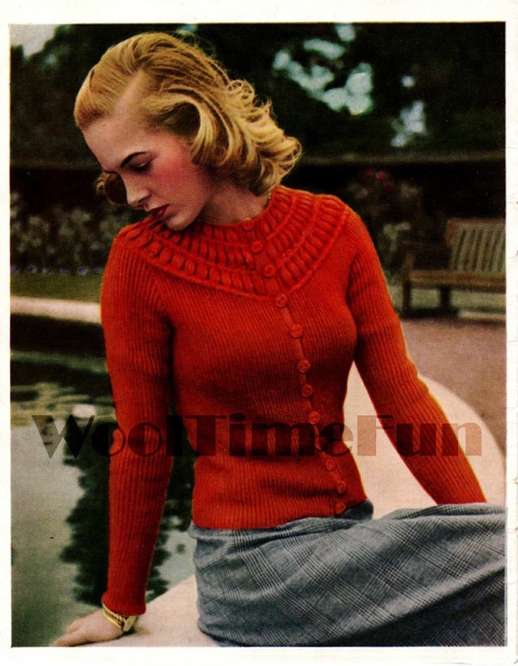 Knitting Pattern Womens Vintage 1940s Round Yoke Cardigan Jacket  