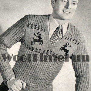 Knitting Pattern Vintage 1940s Men&#39;s Reindeer Motif Ski Nordic Sweater