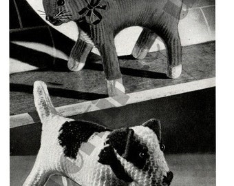 Knitting Pattern To Make 1940s Toy Dog Puppy Cat Kitten Oddments 3 ply 4 ply