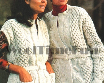 Patrón de tejido para chaqueta/cárdigan/chaleco clásico de Aran/cable para mujer con bolsillos