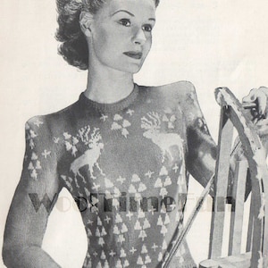 Knitting Pattern Womens Vintage 1940s Reindeer Ski Fair Isle Sweater