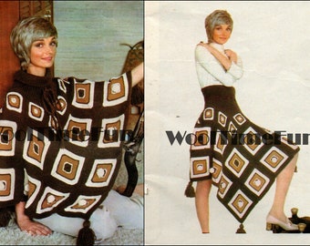 Stickmönster Vintage damponcho/kjol från 1970-talet. Rutor och pom-poms.