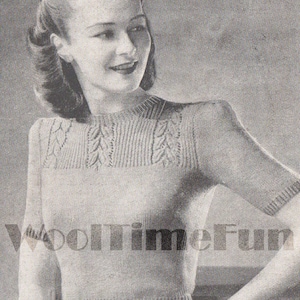 Vintage Strickmuster 1940er Damen Pullover, Leaf Design Yoke. Kurze Ärmel